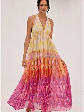 Anthropologie Gradient Halter Maxi Dress in Pink, Orange and Yellow